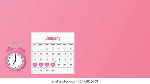 Calculating Ovulation day concept art with a pink clock, ovulation test strip and a calendar, isolated on a pink background. Vector illustration. Gynecology concept.