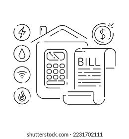 Berechnung und Zahlung von Strom, Versorgungsleistungen und Rechnungen für Haushalte. Haushaltsführung und nachhaltiger Wohnungsbau Vektorgrafik-Illustration der Linie