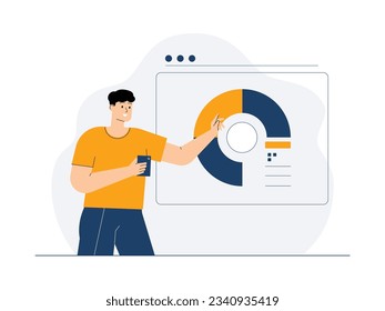 Calculating the percentage of sales using a pie chart, via company owned website, businessman vector illustration.