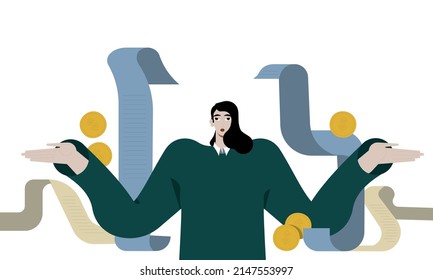 Calculating And Planning Budget, Management Of Personal Finance. Person Analyzing Expenses Report, Financial Bill. Accounting And Money Concept. Flat Vector Illustration Isolated On White Background