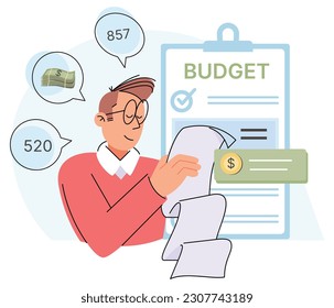 Calculating and planning budget, management of personal or corporate finance. Person analyzing business profit report, financial bill. Accounting and money concept. Counting income and expenses