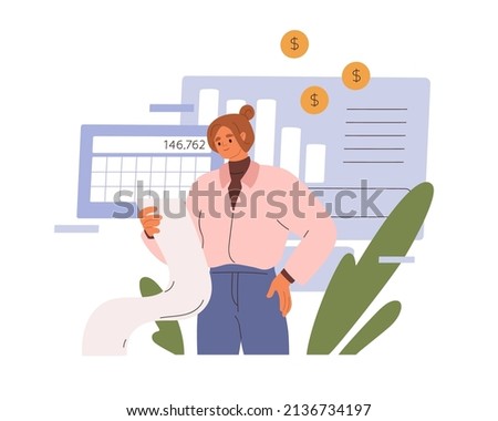 Calculating and planning budget, management of personal finance. Person analyzing expenses report, financial bill. Accounting and money concept. Flat vector illustration isolated on white background