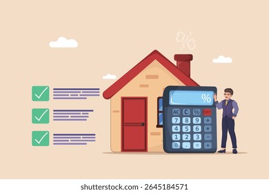 Calculating Property Mortgage and Interest Rates: Man with Calculator Beside a House and Checklist, Representing Real Estate Finance and Investment Planning