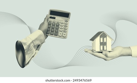 Calculando el concepto de inversión inmobiliaria. Calculadora de mano y casa miniatura arte de collage vintage.