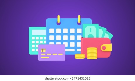 Calculando el pago mensual regular con calendario, tarjeta de débito y monedas dinero en efectivo en la Ilustración vectorial de iconos de billetera 3d. Contando los gastos del hogar crédito presupuestario pagando con calendario aislado