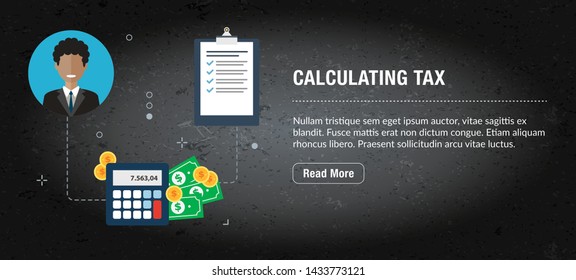 Calculating tax concept banner internet with icons in vector. Web banner template for website, banner internet for mobile design and social media app. Business and communication layout with icons.