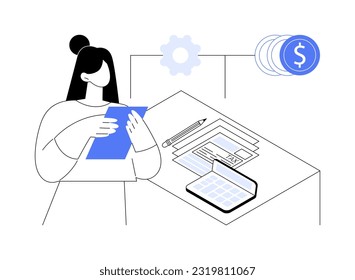 Calculando impuestos abstracta concepto de ilustración vectorial. Empresaria calcula impuestos sobre la renta personal, informe financiero, ingresos monetarios, gerente contable, metáfora abstracta de datos bancarios.