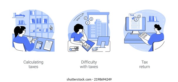 Calculating Taxes Isolated Cartoon Vector Illustrations Set. Professional Accountant Doing Financial Audit, Having Taxes Problems, Budget Issue, Get Tax Return, Money Management Vector Cartoon.