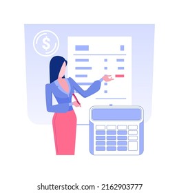 Calculating taxes isolated concept vector illustration. Businesswoman calculates personal income taxes, financial report, money revenue, accountant manager, banking data vector concept.