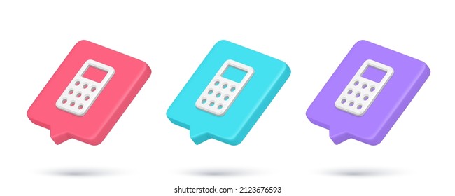 Calculation banking service 3d icon quick tips collection realistic vector illustration. Business economy finance counting math electronic device internet notification web application template