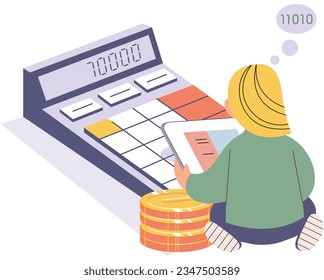 Calculation, bookkeeping investment money concept. Woman with calculator counting, thinking about profit. Economic audit, financial analysis, tax accounting, bill payment. Personal budget analysis