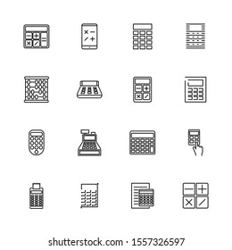 Calculation, Calculator outline icons set - Black symbol on white background. Calculation, Calculator Simple Illustration Symbol - lined simplicity Sign. Flat Vector thin line Icon - editable stroke