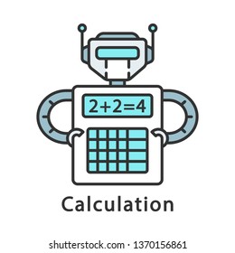 Calculation color icon. Complex math calculations. Robot holding calculator. Robotic process automation. Isolated vector illustration