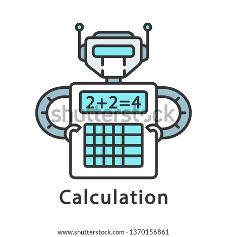 Calculation color icon. Complex math calculations. Robot holding calculator. Robotic process automation. Isolated vector illustration