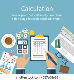 Calculation concept. Businessman, accountant . Flat design, Vector Illustration. Financial calculations, counting profit, income, taxes, statistics, data analytics, planning, report.