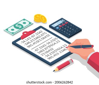Berechnungskonzept. Geschäftsmann, der mit einem Ordner für Berechnungen arbeitet. Vektorisometrisches Design. Einzeln auf Hintergrund. Finanzstatistik, Gewinn- und Ertragsrechnung, Steuern, Datenanalyse-Bericht.