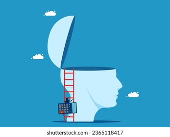Calculation concept. Businesswoman holding a calculator is climbing a ladder on a big head