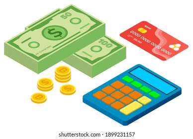 Calculation concept. Dollar pile coins and paper bills, accountant. Financial calculations, counting profit, taxes, money statistics, data analytics, income planning, economic business report