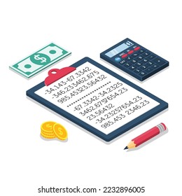 Calculation concept. Folder for calculations with financial data, calculator and pen. Vector isometric design. Isolated on background. Statistics, counting profit, income, taxes, data analytics report