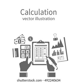 Calculation concept, icon. Businessman, accountant . Flat design, Vector Illustration. Financial calculations, counting profit, income, taxes, statistics, data analytics, planning, report.