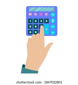 Calculation concept, icon. Businessman counting earnings on the calculator. Vector flat illustration of man hand and electronic calculator. Isolated on white background template.  infographic for web.