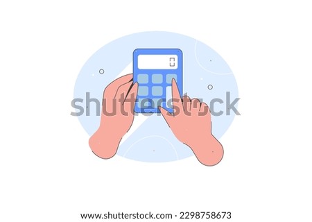 Calculation and Counting Concept, hand with calculator. Man holding calculator in hand. Vector illustration, using calculator. Calculator icon accounting finance analytics budget math device