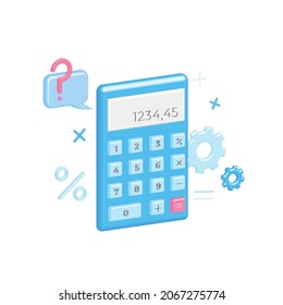 Berechnung, Zählungen, Finanzierung auf 3D-Rechner mit volumetrischen, mathematischen Symbolen der Multiplikation, Teilung, Subtraktion, Addition. Plus Schild, Minuszeichen. Prüfung. Bildung in der Schule.