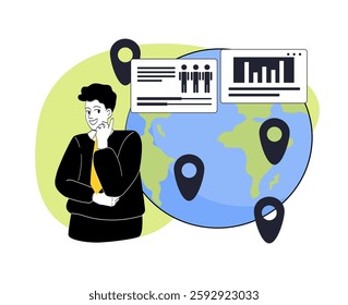 Calculation of demographics. Man near statistics and infographics near planet. Demographer studies age of population and genders. Education and training. Linear vector illustration