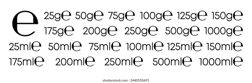 Calculation E mark with correct dimensions in accordance with EU directive. Marks for using weights and volumes for food and cosmetics labels. Vector illustration.