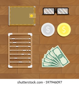 Calculation of finance. Accounting work place. Vector illustration