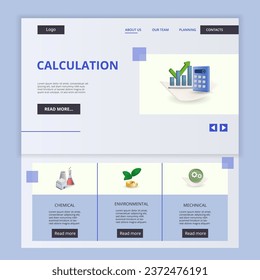 Calculation flat landing page website template. Chemical, environmental, mechanical. Web banner with header, content and footer. Vector illustration.