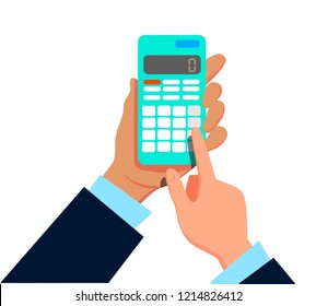 Calculation. Hand holding calculator, finger touching button. Modern concept. Vector illustration in cartoon style
