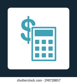 Calculation icon from Commerce Buttons OverColor Set. Vector style is blue and white colors, flat square rounded button, dark blue background.