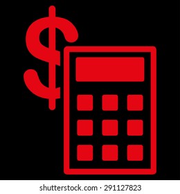 Calculation icon from Commerce Set. Vector style: flat symbol, red color, rounded angles, black background.