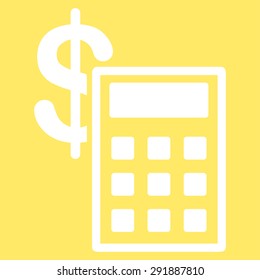 Calculation icon from Commerce Set. Vector style: flat symbol, white color, rounded angles, yellow background.