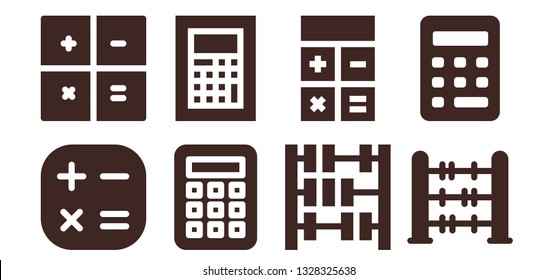 calculation icon set. 8 filled calculation icons.  Collection Of - Calculator, Abacus