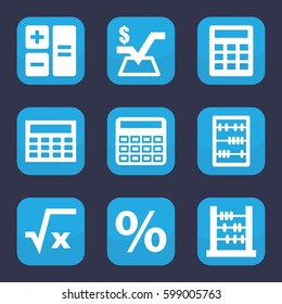 calculation icon. Set of 9 filled calculation icons such as calculator, mathematical square, abacus, calclator, percent
