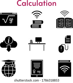 calculation icon set. included tablet, audiobook, desktop, school, maths, book, information, click icons. filled styles.