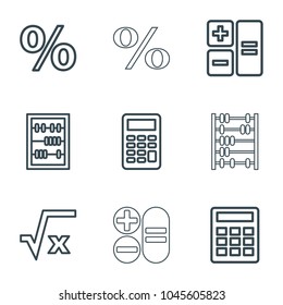 Calculation icons. set of 9 editable outline calculation icons such as calculator, square root, percent