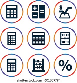 calculation icons set. Set of 9 calculation filled icons such as calculator, mathematical square, abacus