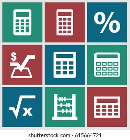 Calculation icons set. set of 9 calculation filled icons such as calculator, mathematical square, calclator, percent, square root