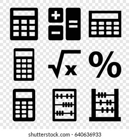 Calculation icons set. set of 9 calculation filled icons such as calculator, abacus, calclator, percent