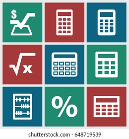 Calculation icons set. set of 9 calculation filled icons such as calculator, mathematical square, abacus, calclator, percent