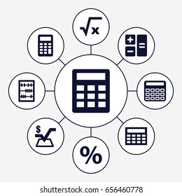 Calculation icons set. set of 9 calculation filled icons such as calculator, mathematical square, abacus, calclator, percent
