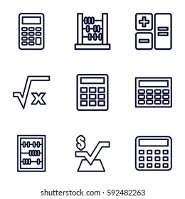 calculation icons set. Set of 9 calculation outline icons such as calculator, mathematical square, abacus, square root