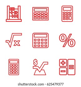 Calculation icons set. set of 9 calculation outline icons such as calculator, mathematical square, abacus, square root, calclator