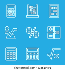 Calculation icons set. set of 9 calculation outline icons such as calculator, mathematical square, abacus, square root