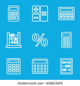 Calculation icons set. set of 9 calculation outline icons such as calculator, abacus, calclator