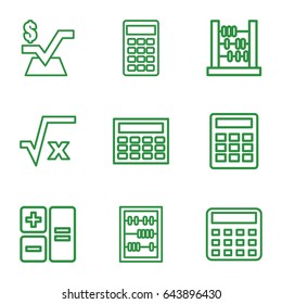 Calculation icons set. set of 9 calculation outline icons such as calculator, mathematical square, abacus, square root