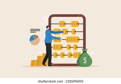 Calculation of income or taxes. Accounting operations. Annual earnings report. investment finance specialist. Businessman with piles of money and abacus for calculations.